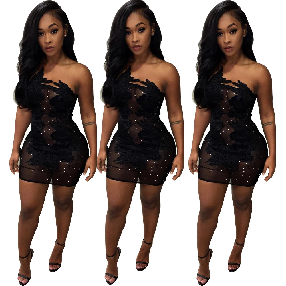 SA3161 new design black mesh gauze transparent off the shoulder sexy women pearl beaded bodycon mini dress