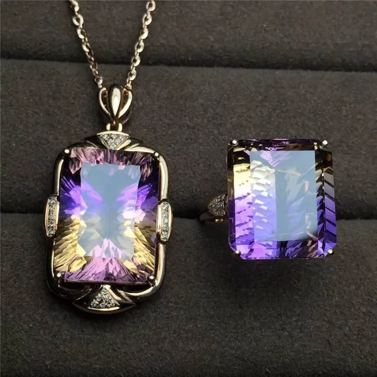 

18k gold South Africa real diamond natural ametrine crystal necklace pendant ring jewelry set for women