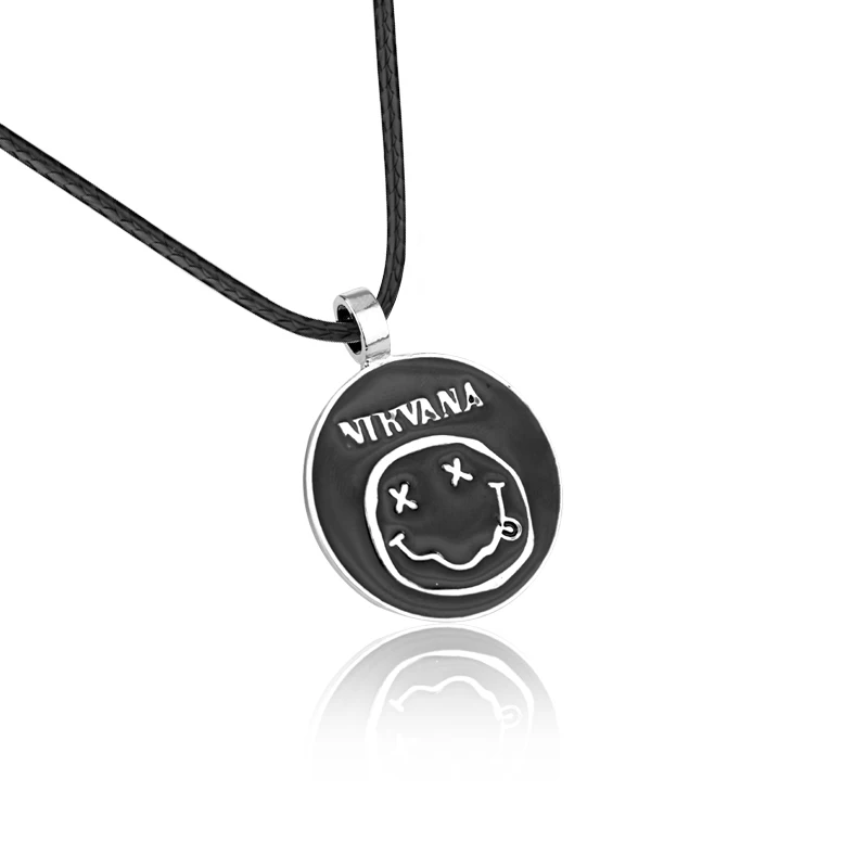 

Enamel Smiling Face Inspired From Rock Band Nirvana Necklace With Leather Chain, See the picture