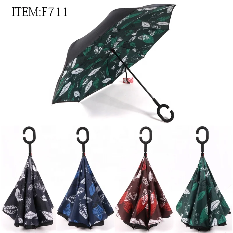 

RST leaf design custom print C hook handle upside down umbrellas for men reverse car umbrella double layer inverted umbrella, N/a