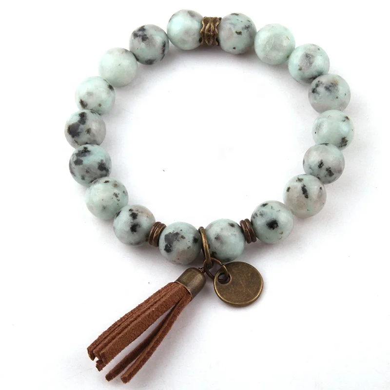 

10mm Gemstone bracelet Stripe Stone Stretch Tassel Bracelet jewelry Women Elastic Energy Bracelet, Picture
