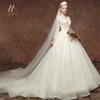 Luxury Bling Arabic Muslim Wedding Dress A-line Long Tail Cream White Beads Wedding Gowns Long Sleeve Bridal Dress