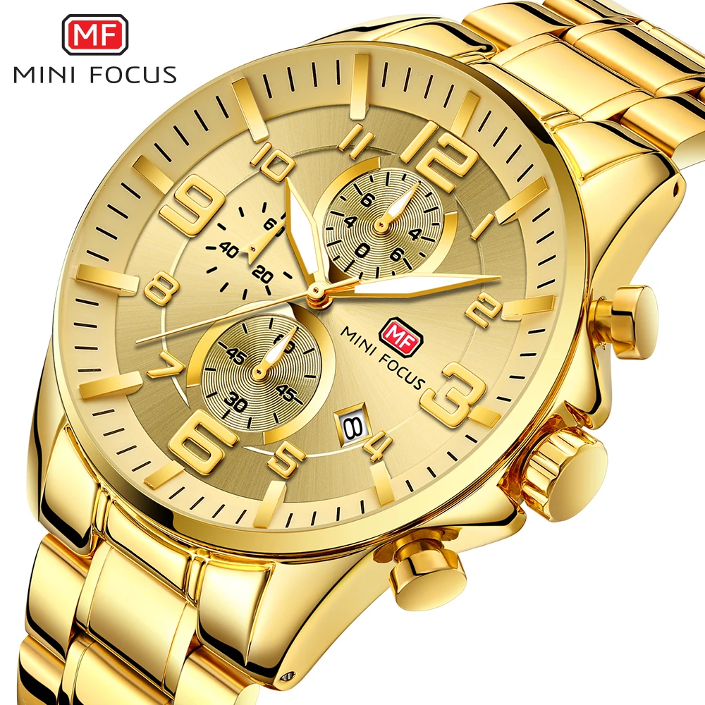 

MINI FOCUS Royal Mens Watches Top Brand Luxury Military Quartz Watch Waterproof Golden Chronograph Stainless Steel Strap Clock