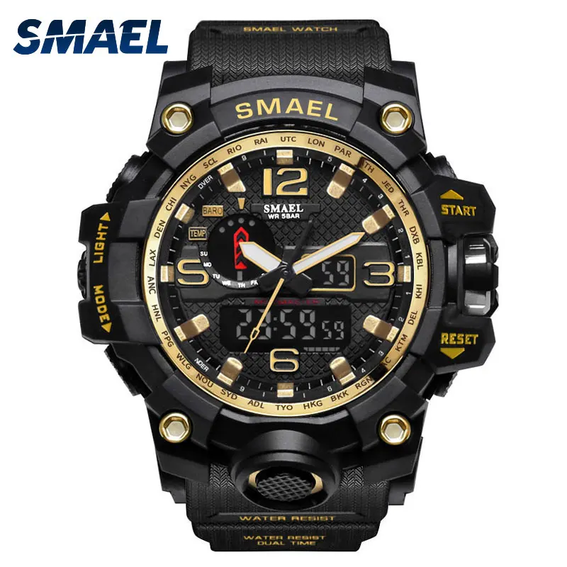 

Hot Model Multifunction Sport Watch Men Dual Display 5 ATM Waterproof Custom Digital Silicone Strap Wristwatches Smael 1545, 3 colors