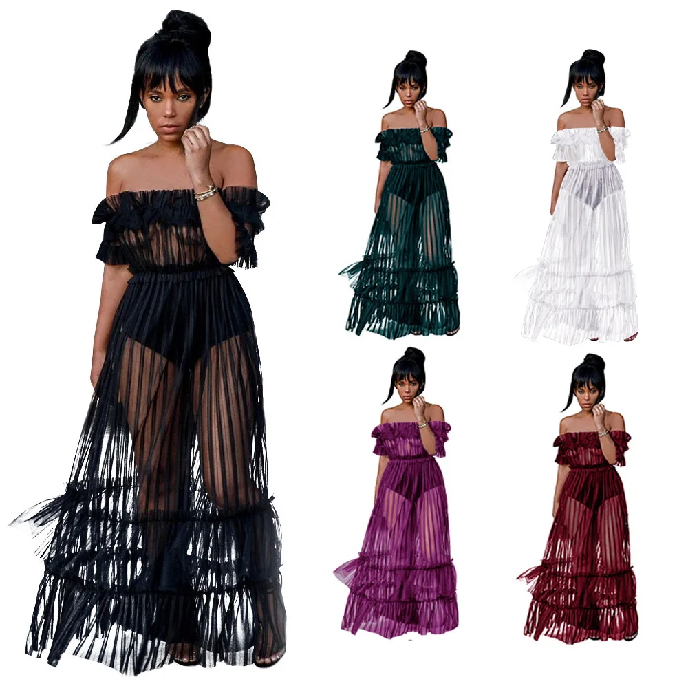 

SAK1962 mesh gauze fabric off the shoulder club women transparent sexy maxi long dress, Black;red;purple;green;orange;white;army green