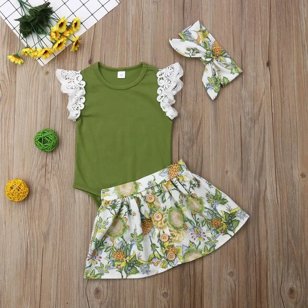 3pcs Kids Clothing Baby Clothes Flutter Tee Green Romper And Skirt Children Sets M90439
