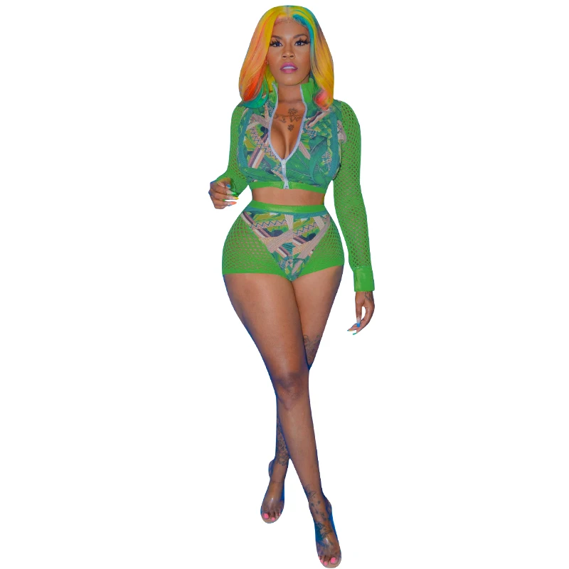 

Summer Womens Milk Silk Mesh With Zipper Two Piece Shorts Set Women Clothing Outfits, Green