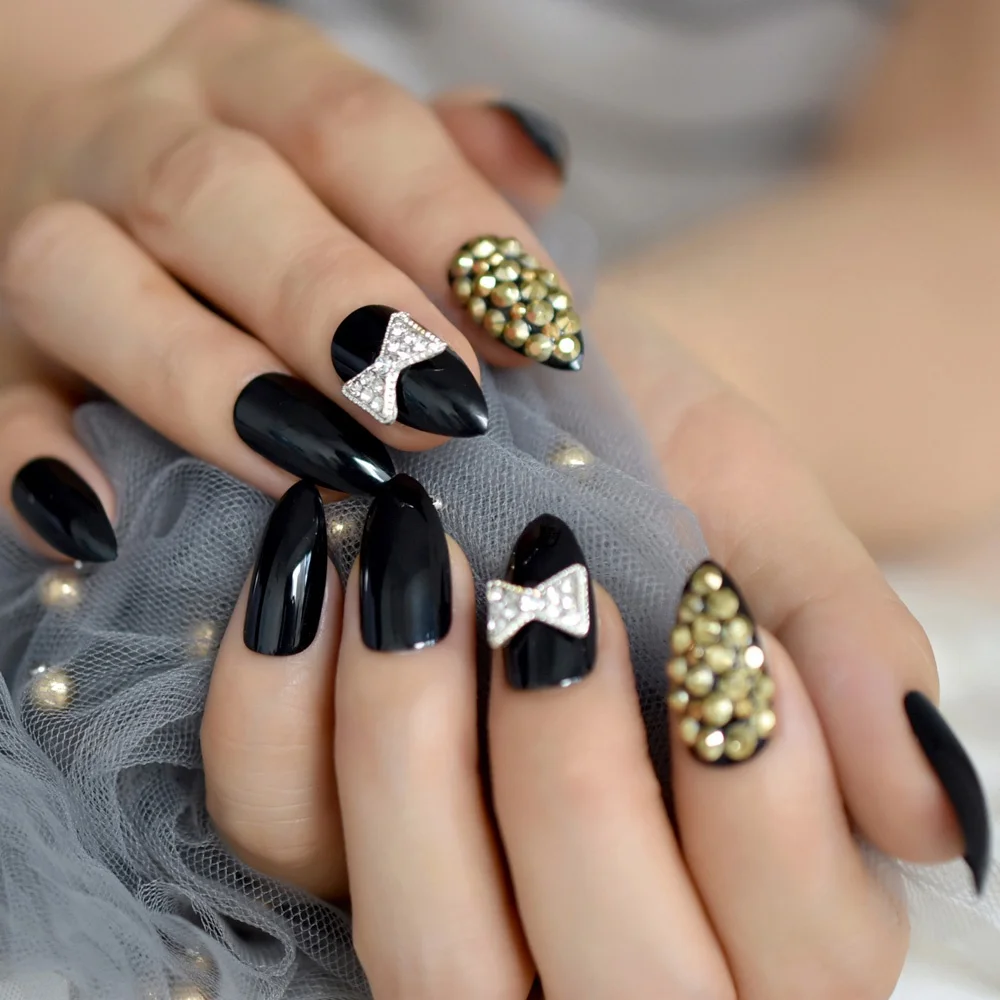 

UV Gel Polish Tips Black Mirror Gold Rhinestones Press on nails custom Alloy Bowknot Decoration Nail 24