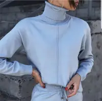 

Factory Pure color sweater set women high collar sweater knit pantsuit