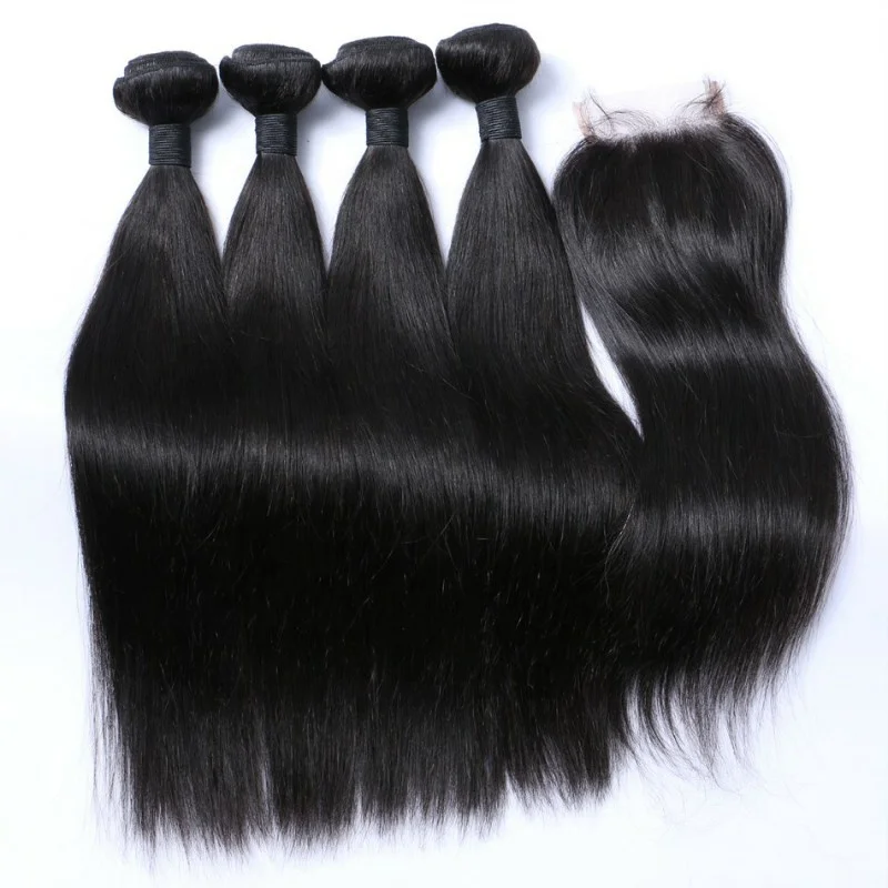 

Brazilian Human Hair Extensions Natural Straight 4 Pieces Hair Bundles With Lace Closure