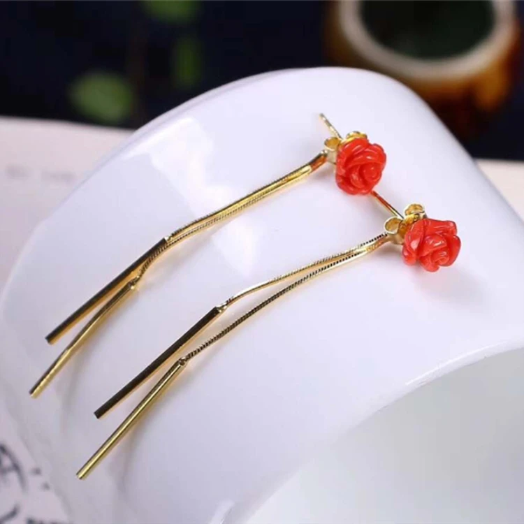 

large statement earring 925 silver 18k gold plating natural red coral drop earring for women coral rose gemstone jewelry