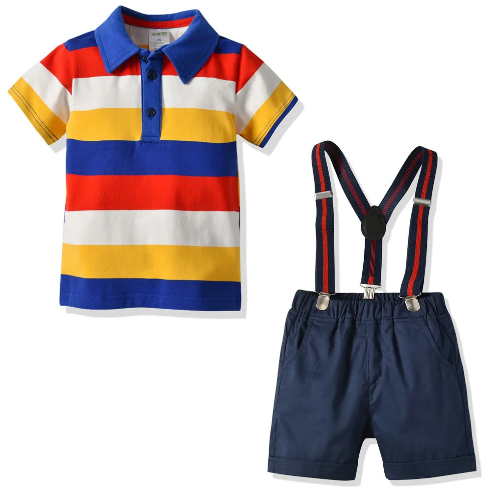 

2019 Spring and summer boys suit cotton suspenders boy's suit strip short sleeved T-shirt with suspenders