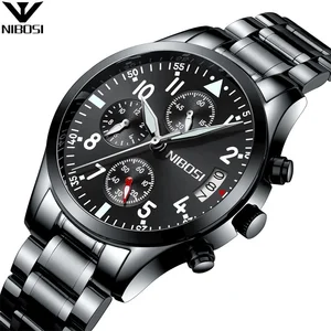 NIBOSI Wholesale/Custom logo Stainless Steel Band Luminous Luxury Chronograph Mens Black Wrist Watch