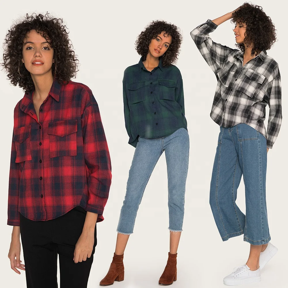 

Autumn Winter Irregular Button Fashion Ladies Girls Female Loose Casual Cotton Plaid Long Sleeve Womens Blouse And Shirt Tops