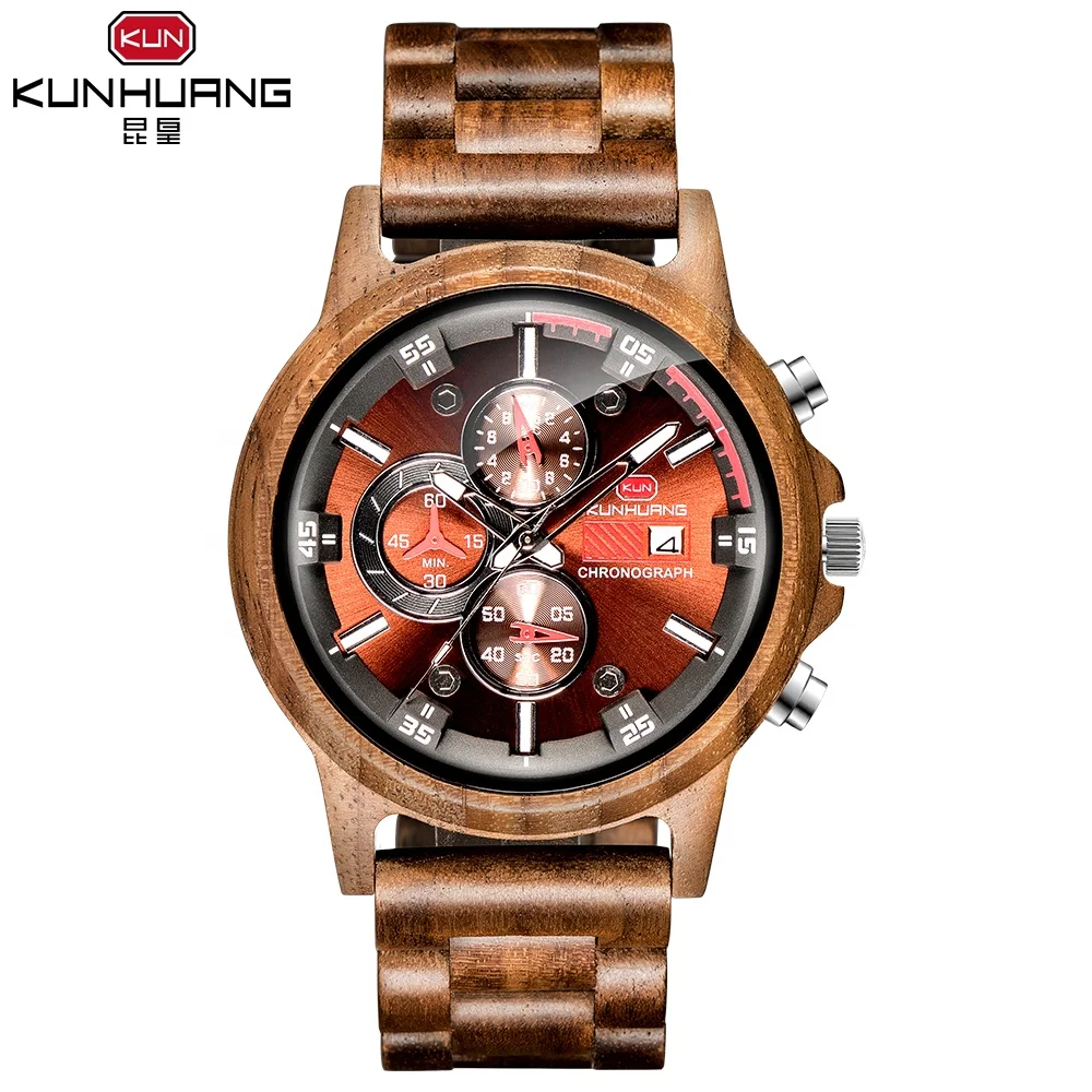 

The newest design wooden multi function quartz watch sport man wristwatch 19H1010