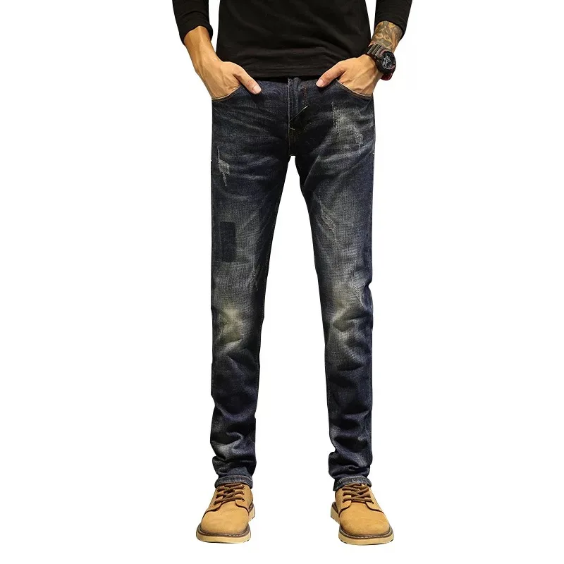 

Cross border jeans men washed men tight fitting knee hole spring and summer thin men, Picture