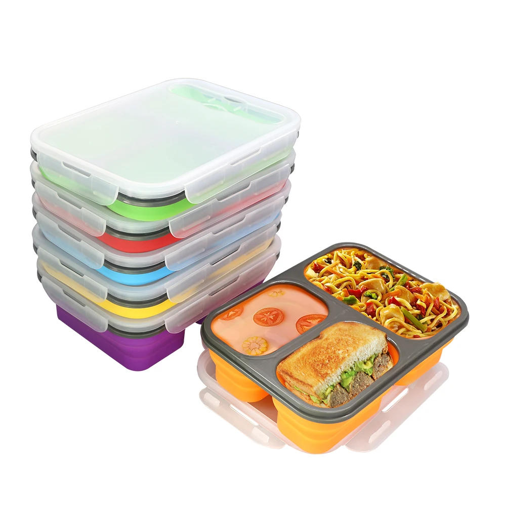 
BPA Free Food Grade Leakproof Silicone Collapsible 3 Compartment Bento Lunch Box Folding Silicone Food Container 