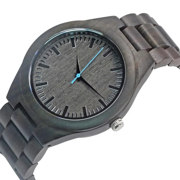 

Black ebony wood men wristwatch with blue second hand customize jam tangan kayu