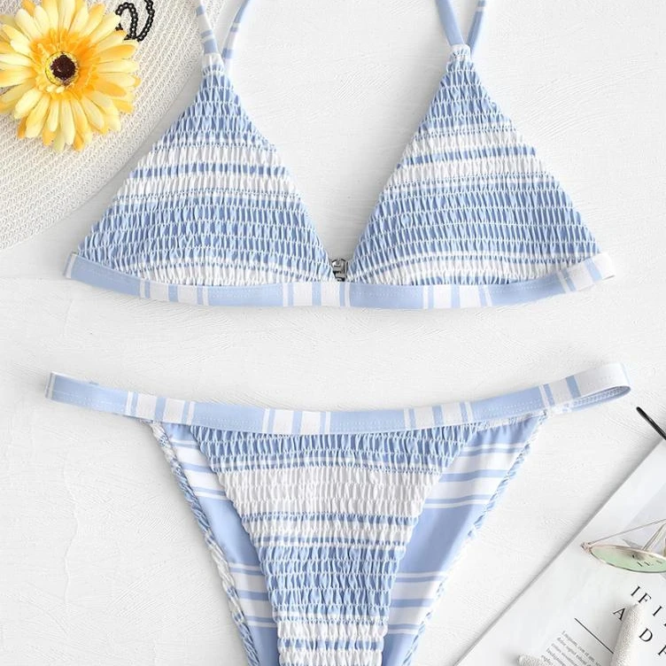 

Crazybuy two shoulders smocked high cut buckle two piece bikini, Write