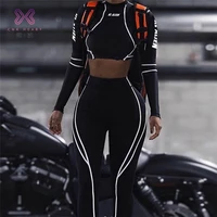 

Women Fitness 2 piece outfit Two Pieces Set Letter Print Striped Patchwork Turtleneck clothing Top Leggings