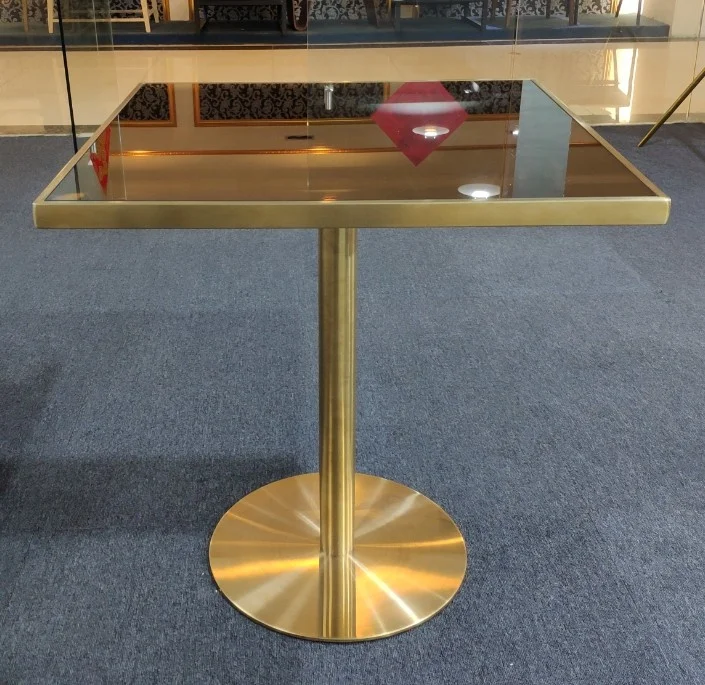 
Modern glass dining table set gold stainless steel base square dining table for restaurant furniture 