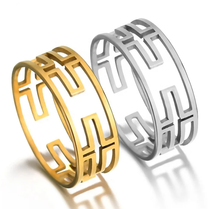 

8mm width laser cut Jesus Christ style silver gold color fashion wholesale stainless steel christian cross ring for men