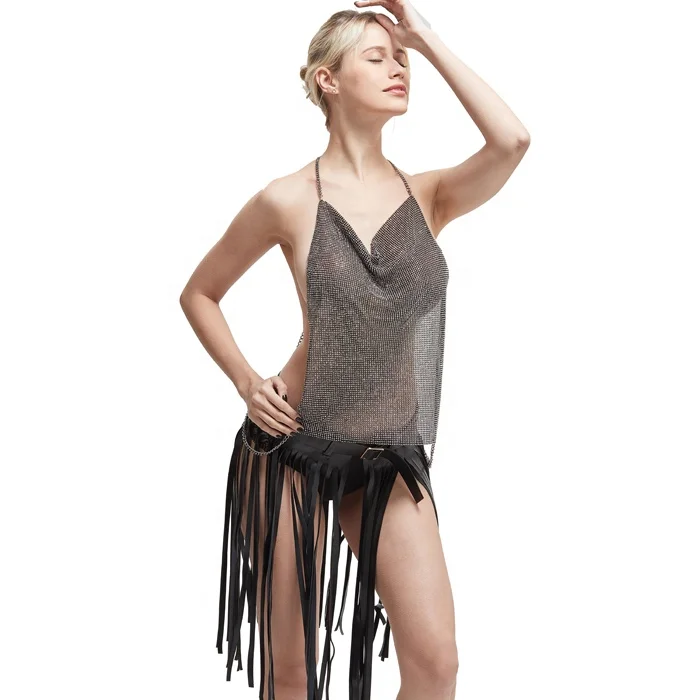 

Metal Mesh Shoulder Strap Dress with Fringe Leather Skirt for Party Club