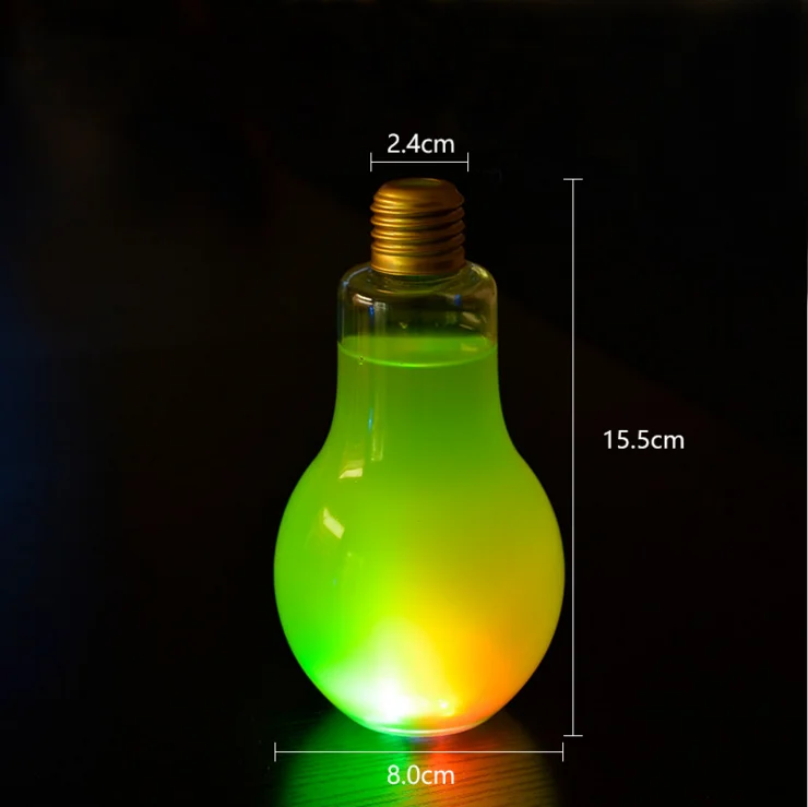 

400ml 14oz juice coffee beverage disposable light bulb shape PET plastic bottle with led lamp for decorated