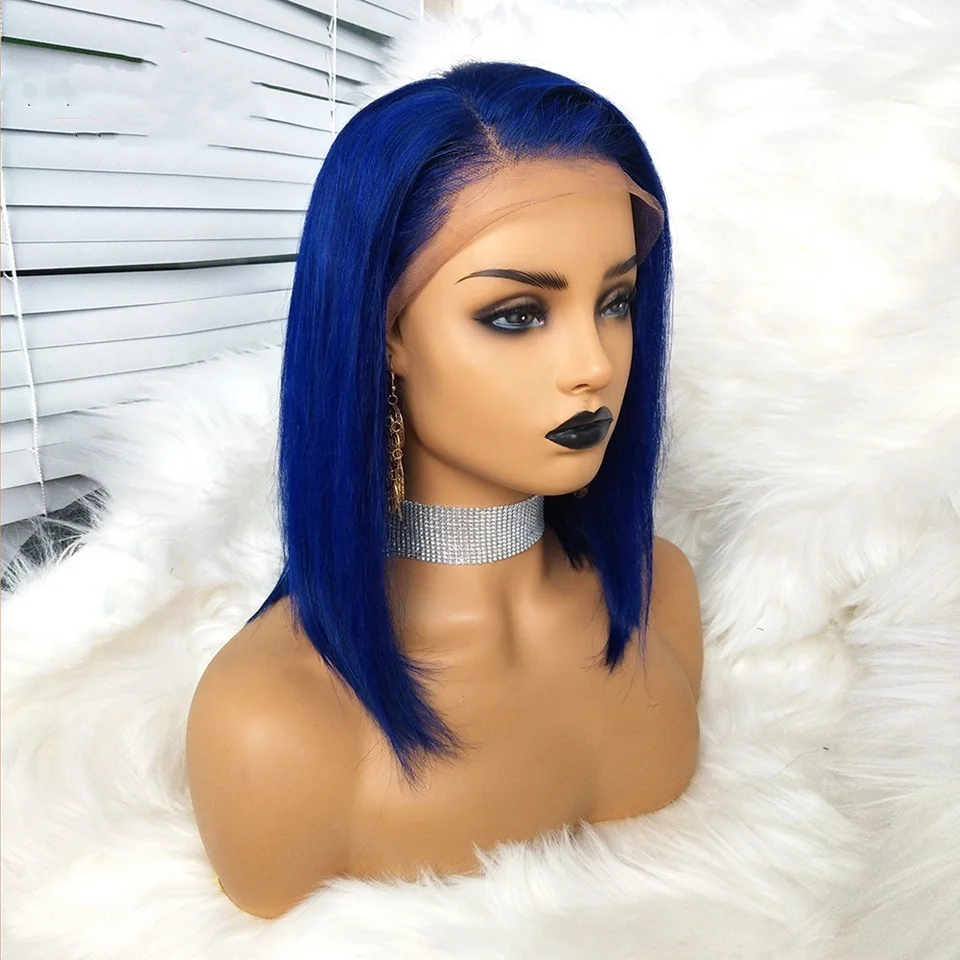 

Unprocessed raw brazilian human hair remy hair blue short bob lace front wig