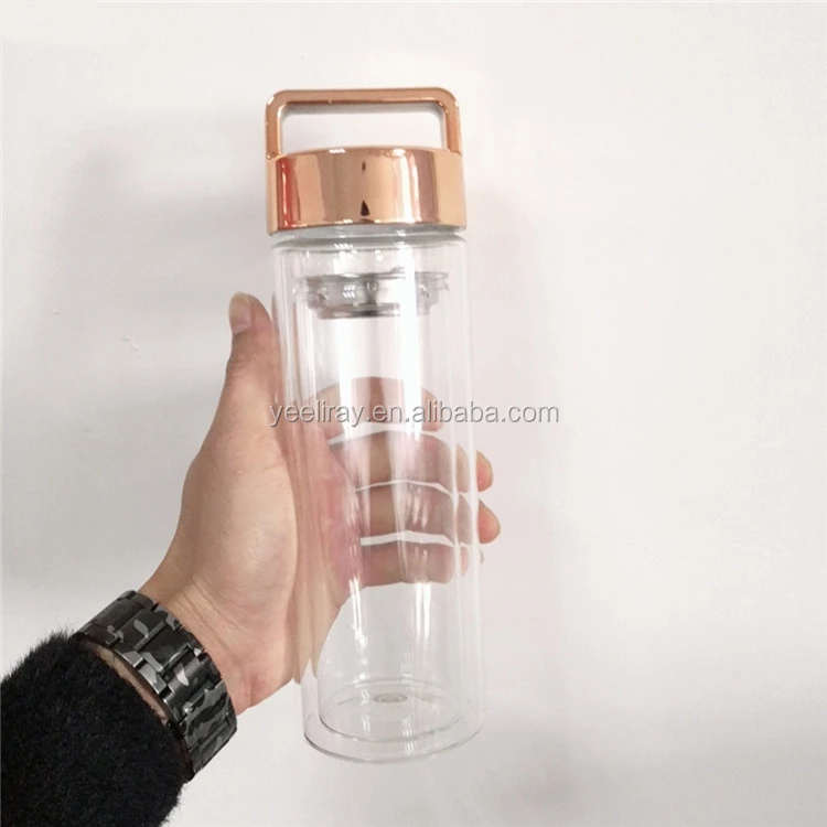 

BPA free 450ML/16OZ shiny handle lid double wall borosilicate glass tea infuser water bottle with tea filter, Bamboo color