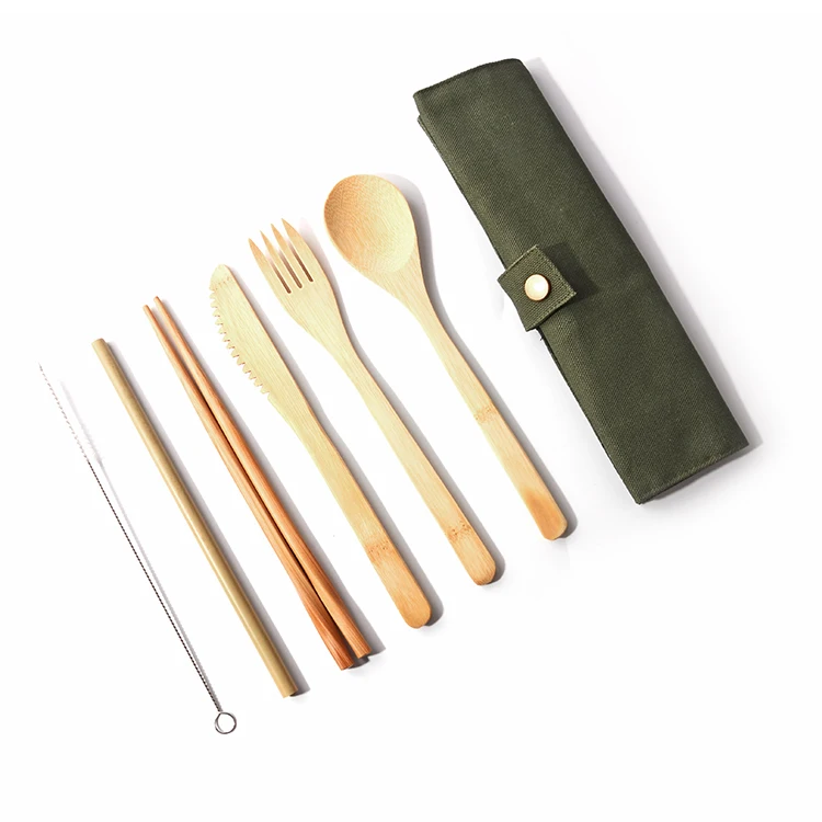 

Bamboo Travel Utensils Reusable Bamboo Cutlery Flatware Set Include Fork Spoon Knife Straw Clean Brush with Carrying Bag, Green