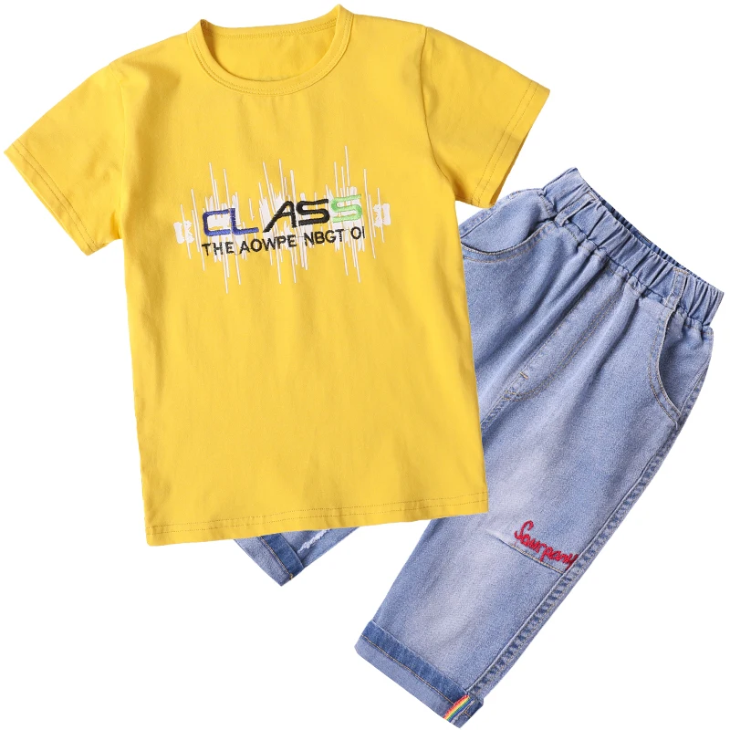 

Summer Kids Clothes 2019 Wholesale Retail Cheap Leisure Boys Suits Plus Children Cotton T-Shirt Denim Pants Boy Clothing Sets, Yellow;blue;green
