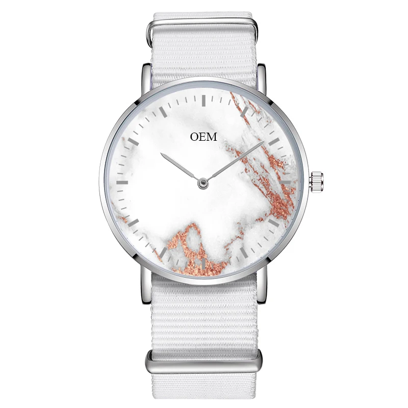 

China Wrist Marble Watch Custom Logo Quartz Wristwatch Nylon Band Private Label Designer Woman Watch Sublimation Blank Dial
