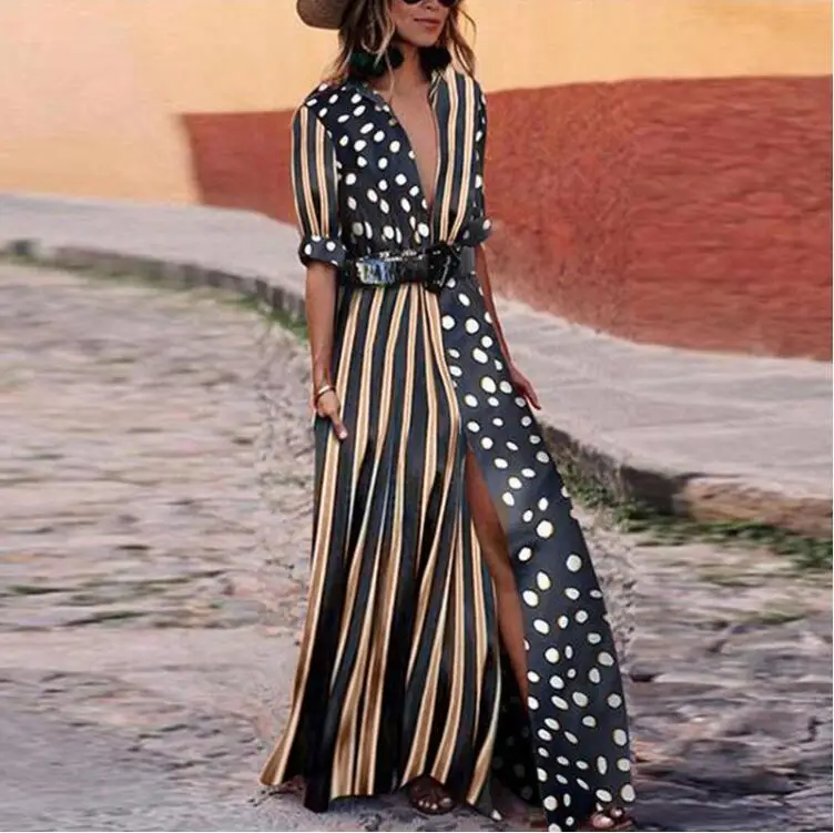 

2019 Amazon Popular On Sexy Stripe Dot Spliced Ladies Casual Plus Size African Dresses, Black