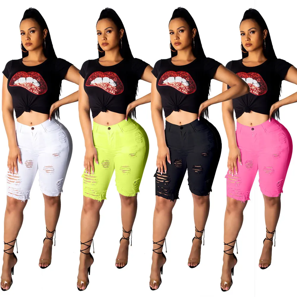 

90418-MX24 spandex summer plus size hole shorts women