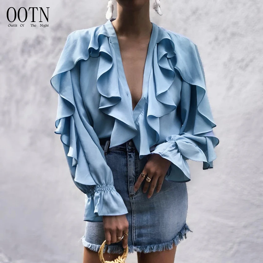 

OOTN Blouse Button Down 2019 Female Long Sleeve Flouncing Blue Tops Women Summer Spring Tunic Shirt Sexy Chiffon Ruffle Blouse