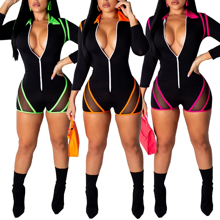 

Explosion Long Sleeve Deep V Neck Short Jumpsuit Night Wear Sexy Women Bodycon Jumpsuit, As picture;can be change