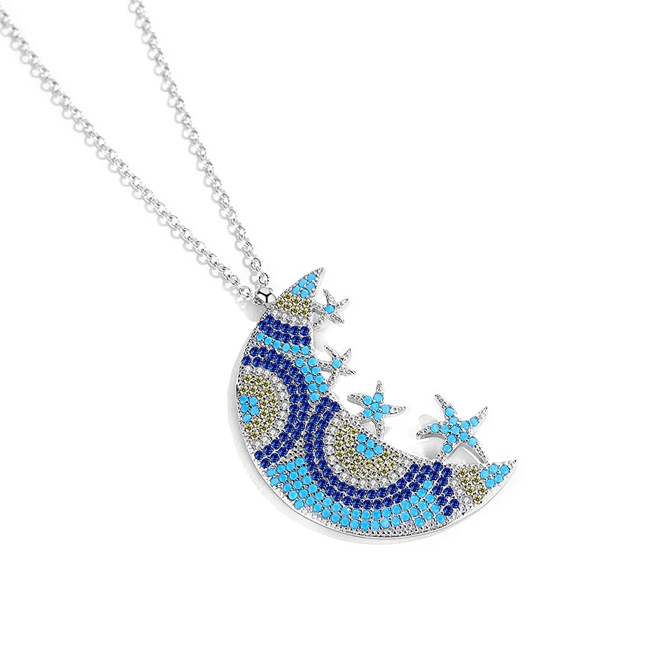 

Trendy 925 Sterling Silver Moon Shape Necklace Lucky Blue Eyes Pendant Necklace for Women Fashion Jewelry Gift