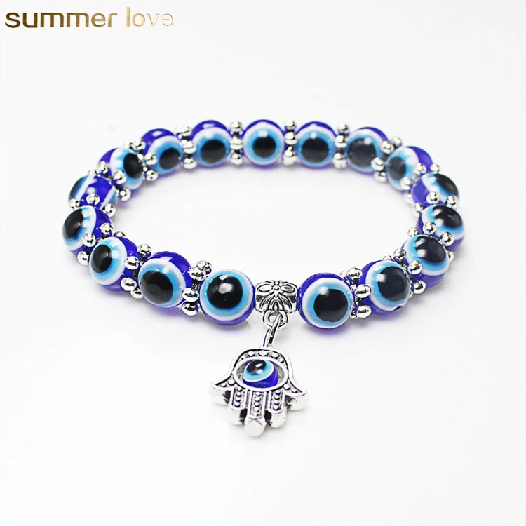 

New Fashion Turkey Acrylic Evil Blue Eye Beads Charms Religious Hamsa Hand Bracelets Jewelry For Men Women