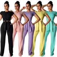 

2019 New Arrivals Fashion Women Stand Neck Short Sleeve Top Slim Pants Solid Color 2 Pieces Set Jumpsuit