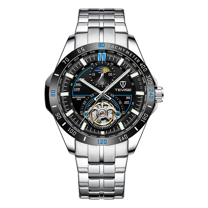 

TEVISE t855 Men Automatic Mechanical Moon Phase Watches Stainless Steel Week Display Luminous Wristwatch, 4 colors