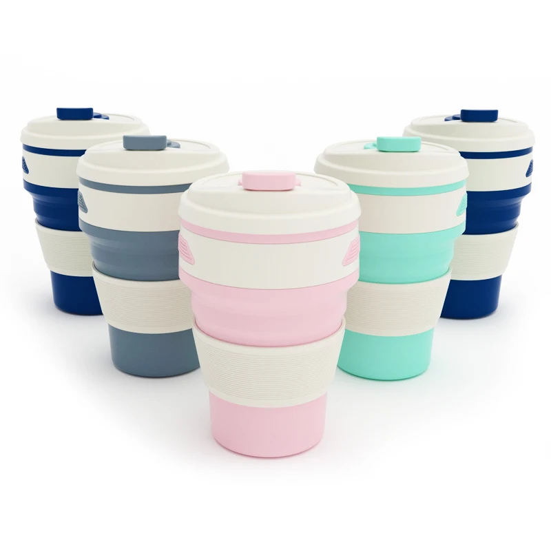 

Bpa Free Eco Travel Takeaway Recycled 350ML Portable Reusable Foldable Folding Mug Silicone Collapsible Coffee Cup with Lid, Pink, blue, green, grey,ect