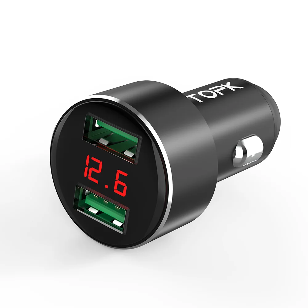 

Free Shipping TOPK 15.5W LED Display Auto-ID Aluminum Alloy Case USB Car Phone Charger, Black