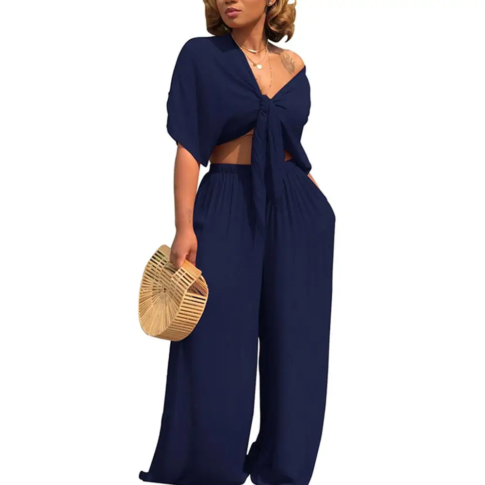 

2019 HexinFashion Sexy Nautically Crop Top Long Loose Pants 2 Piece Feminine Fashion Navy Blue, Black;navy blue;yellow;grey;orange