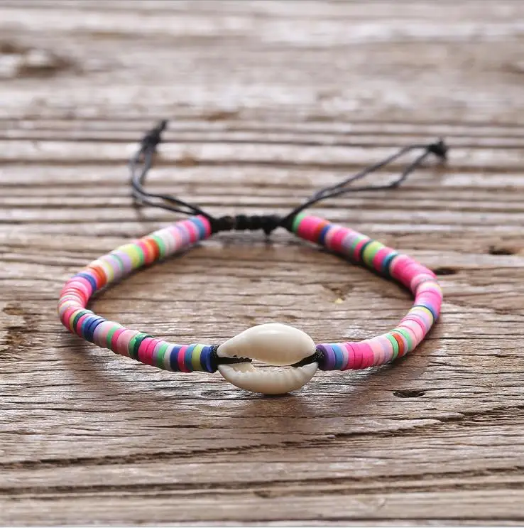 

BE1001 Fashion Silver Gold Plated Cowire Shell with Polymer Clay Heishi Bead Adjustable Bracelets