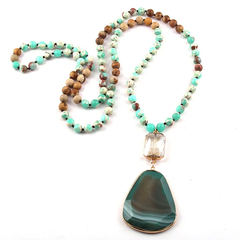 

Women Statement Natural pic Jasper Necklace lady Emperor Crystal Link Drop Stone Pendant Necklace Yoga 108 Beads Mala Necklace