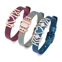 

Hot sell metal mesh leather bracelet with slide charm,colorful stainless steel bracelet with charms