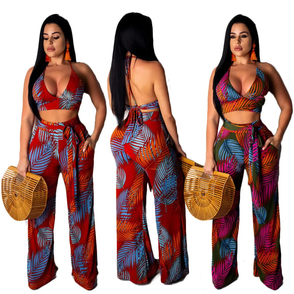 

SAK9348 2019 floral print sexy crop top and wide bandage leg pants beach outfits clothing women plus size two piece set, As pictures showed