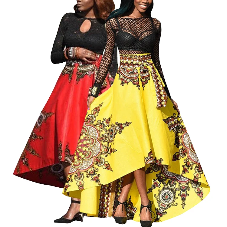 

Women Lace-Up High Waist Irregular Hem African Traditional Print Dresses And Skirts, As show