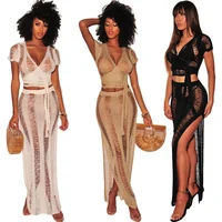 

fancy women two pieces sexy crochet transparent beach cover up split long maxi knitted beach dress